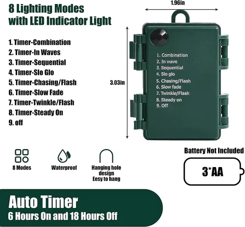 Miniatura 8 de MASHANG Luces de Navidad – Cadena de luces a pilas, 50 luces LED, miniluces, 8 modos, cable verde, mini juego de luces con temporizador para árbol