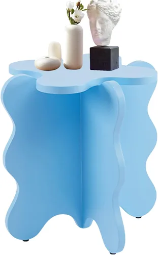 HM&DX Mini mesa de centro de pétalos, mesa auxiliar de madera maciza con ondas de dibujos animados con patas en forma de X, mesas auxiliares de Azul
