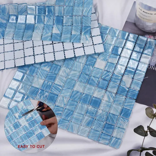Miniatura 4 de Azulejos de mosaico de vidrio para piscina, azul, 8 pies cuadrados, azulejos impermeables para piso y pared para baño, salpicadero de cocina