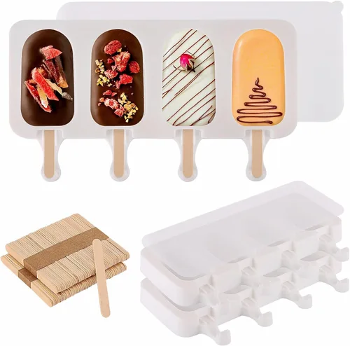Juego de 3 moldes para paletas con tapas y 100 palitos de paletas de madera, tamaño estándar, 4 cavidades, moldes de silicona para hacer cakesicles,