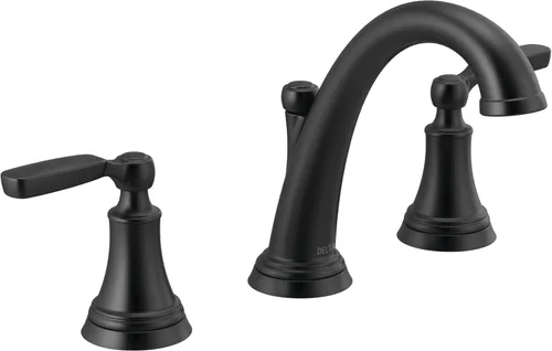 Grifo de baño Delta Woodhurst negro mate de 3 orificios, grifo de lavabo de baño de 8 pulgadas para tocador, conjunto de desagüe de metal emergente,