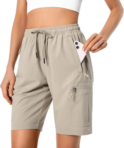 Pantalones cortos tipo cargo deportivos ligeros para mujer, de secado rápido, para campismo, viajes, golf, con bolsillos con cierre, resistentes al
