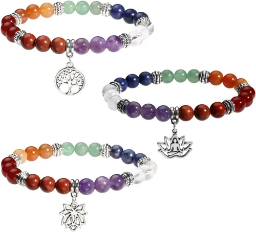 Miniatura 17 de Eigso Pulsera elástica de piedra de cristal de meditación curativa de 7 chakras para mujer con símbolo de loto, yoga, árbol, OM