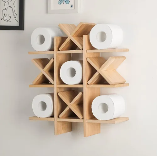 Weysat Soporte de Papel Higiénico Tic Tac Toe Decoración de Pared de Baño Almacenamiento Colgante de Madera Rústica Estantes Independientes Montados