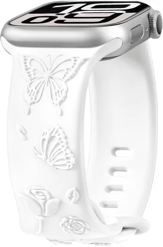 Miniatura 10 de Melyis Correa deportiva de silicona suave grabada con diseño floral y mariposa compatible con Apple Watch de 1.575 pulgadas, 1.614 pulgadas, 1.496