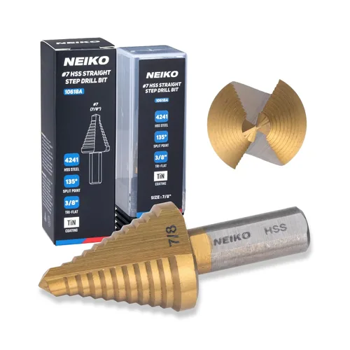 Miniatura 67 de NEIKO 10602B Step Drill Bit, 13 Steps 1/8" to 1/2" Spiral M35 Cobalt, AlTiSiN Coated, 1/4" Quick Change Step Bits for Steel, Metal, Wood, Plastic