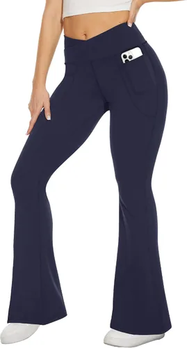 Miniatura 36 de TNNZEET Leggings acampanados negros para mujer, pantalones de yoga cruzados con bolsillos, corte de bota, leggings acampanados