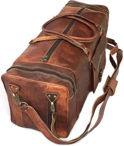 KK's - Bolsa de viaje de cuero vintage, hecha a mano, elegante y duradera, ideal para gimnasio, viajes, bolsa de viaje de cuero genuino, remaches y