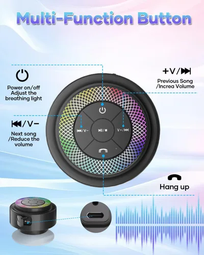 Miniatura 9 de Altavoz de ducha Bluetooth, IP67 impermeable altavoces portátiles con ventosa, espectáculo de luces, micrófono integrado, mini altavoz para baño