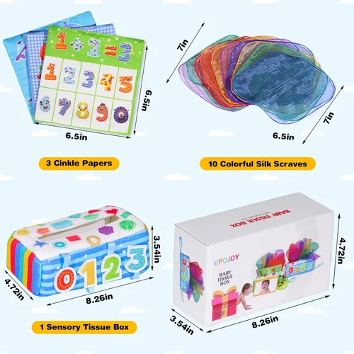 Miniatura 8 de Caja de pañuelos para bebé, caja de pañuelos Montessori suave, juguetes para bebés de 6 a 12 meses, bufandas de seda sensoriales de papel arrugado