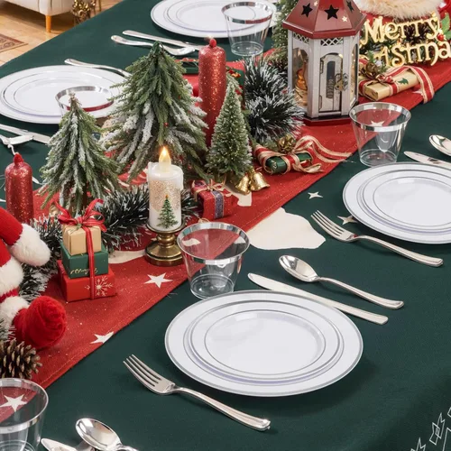 Miniatura 4 de BUCLA 350 platos de plástico plateado con cubiertos y servilletas de plástico desechables. Vajilla de plástico con borde plateado que incluye 50