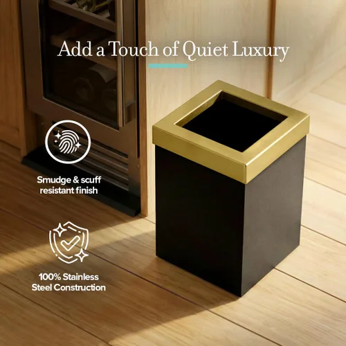 Miniatura 5 de Gatco Papelera Moderna Cuadrada, Combo Negro Mate y Latón Cepillado - Papelera de Acero Inoxidable con Tapa Extraíble, Resistente a Fugas, Capacidad
