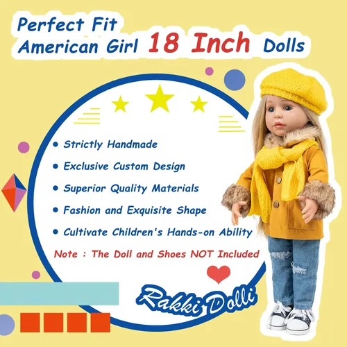 Miniatura 4 de Rakki Dolli Conjunto de Ropa para Muñeca de 18 Pulgadas de 5 Piezas, Conjunto de Abrigo de Invierno Color Mostaza de Moda, Incluye Abrigo Abrigado