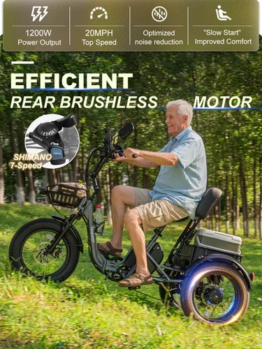 Miniatura 5 de Folding Electric Tricycle for Adults 2 Seater, 20MPH 100 Miles 4" Wide Fat Tire Electric Trike, 3 Wheel Electric Bike 1200W, 48V 20AH Battery