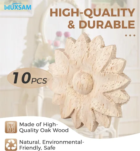 Miniatura 4 de MUXSAM Paquete de 10 rosetas de madera, apliques pequeños onlay, sin pintar, calcomanías redondas de tallado de flores para el hogar, armarios