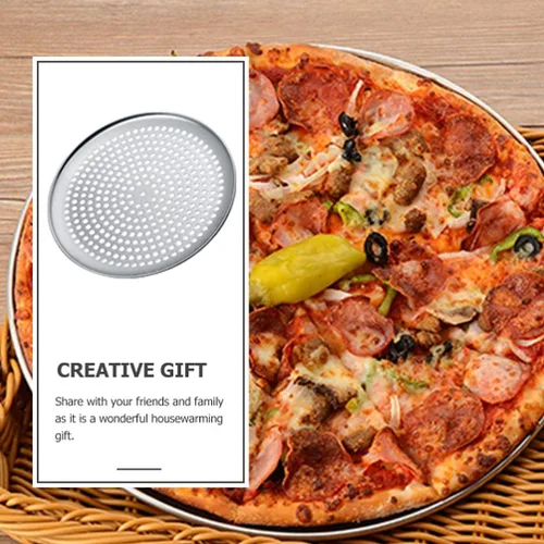 Miniatura 9 de Zerodeko Bandeja de pizza de acero inoxidable, bandeja redonda perforada para pizza, bandeja para hornear pizza, bandeja para servir pizza