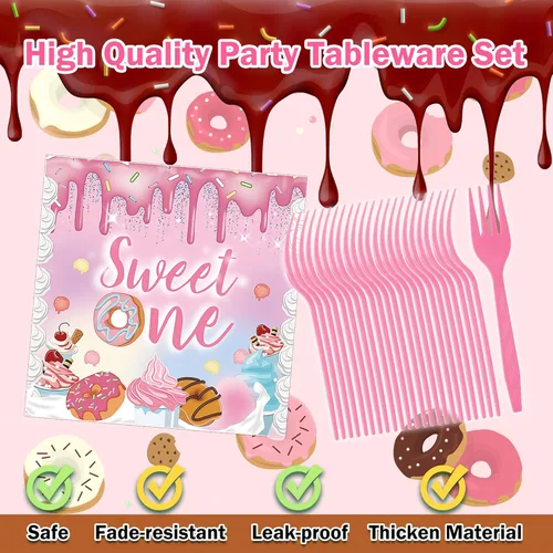 Miniatura 4 de Decoraciones de primer cumpleaños para niña, suministros de fiesta de cumpleaños con temática de donas Sweet One Grow Up - 96 piezas, sirve 24