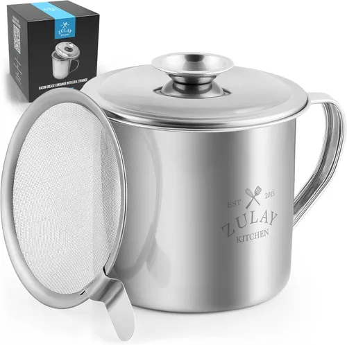 Zulay Recipiente de grasa de tocino con colador, tapa y asa, grande, acero inoxidable de 1 litro, perfecto para cocina, almacenamiento de ghee,