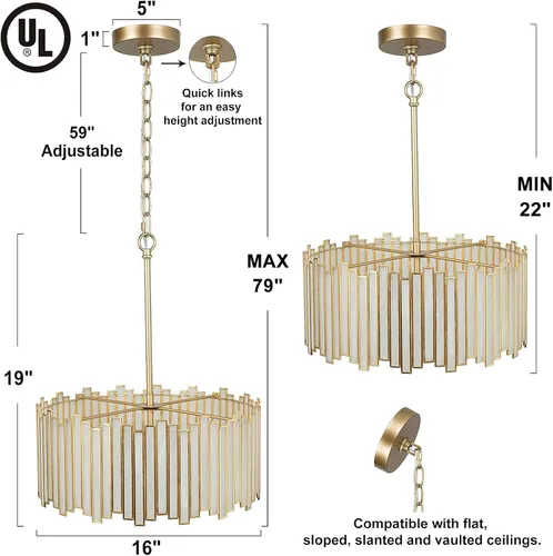 Miniatura 7 de Durent Lighting Candelabro de tambor dorado de 4 luces moderno con pantalla de vidrio crema, lámpara colgante de techo redonda de 16 pulgadas