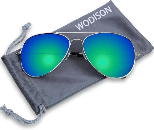 Miniatura 2 de Wodison Gafas de sol clásicas para niños y niñas, lentes de sol reflectantes con marco de metal, marco plateado, lentes azules y verdes, plateado