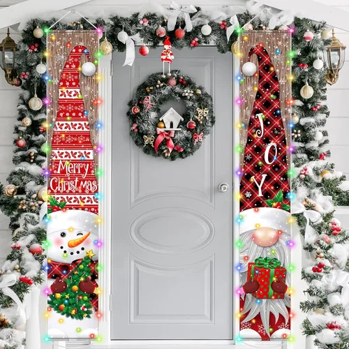 Miniatura 6 de Irenare Decoraciones de Pancarta de Navidad Iluminada con Luz LED Feliz Navidad Letrero de Porche Frontal Muñeco de Nieve Gnomo Pancarta Colgante