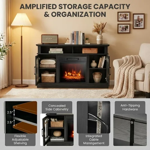 Miniatura 3 de SIMOE Soporte de TV Moderno de 48 Pulgadas con Chimenea Eléctrica, Consola de TV para TVs con Chimenea de 18 hasta 55 Pulgadas con 2 Estantes Negro