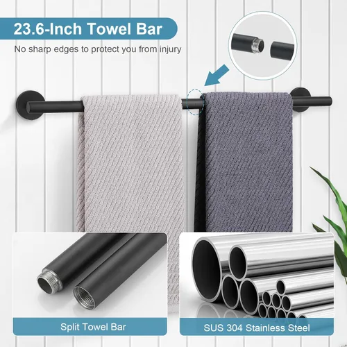 Miniatura 2 de TQKAG Juego de accesorios de baño negro mate, 5 piezas, juego de barra de toalla de acero inoxidable SUS304 juego de estante de toallas redondo