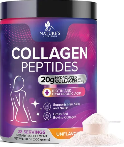 Péptidos de colágeno en polvo, péptidos de colágeno hidrolizados tipo 1 y 3, 0.71 oz por porción con ácido hialurónico y biotina, soporte vital para