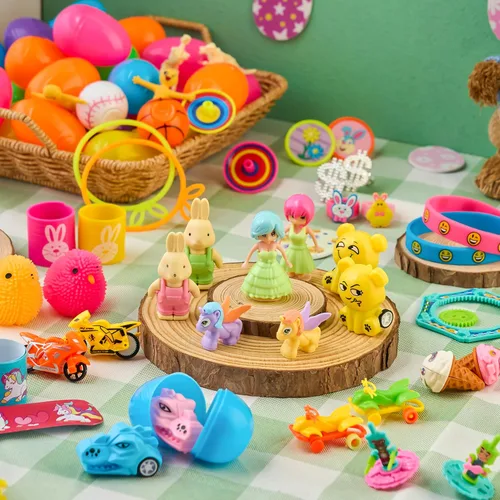 Miniatura 7 de JOYIN 60 huevos de Pascua con calcomanías de juguetes en el interior, búsqueda de huevos de Pascua precargados con juguetes surtidos para niños