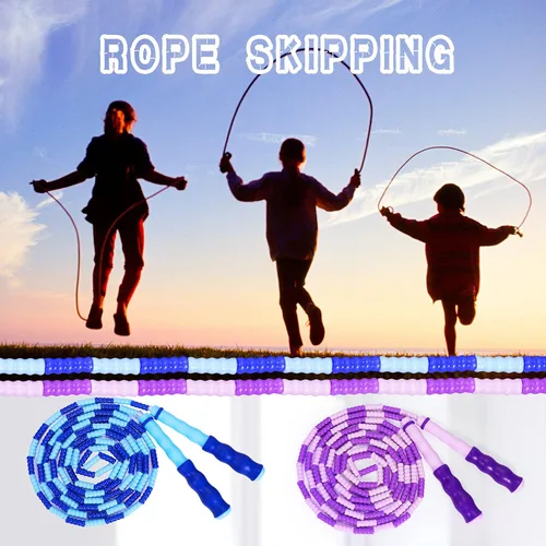 Miniatura 5 de Supertrip Cuerda de saltar para niños, cuerda de saltar con cuentas suaves, ajustable, sin enredos, segmentada para niños y estudiantes Azul y morado