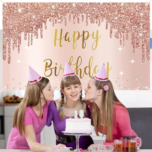 Miniatura 5 de Cartel de feliz cumpleaños de oro rosa y decoraciones de fondo para niñas y mujeres, suministros de letrero de fiesta temática rosa, gran póster
