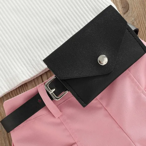 Miniatura 32 de Adobabirl Conjunto de ropa de verano para niña pequeña, sin mangas, acanalada, top halter y pantalones cortos, ropa de moda para niños con cinturón
