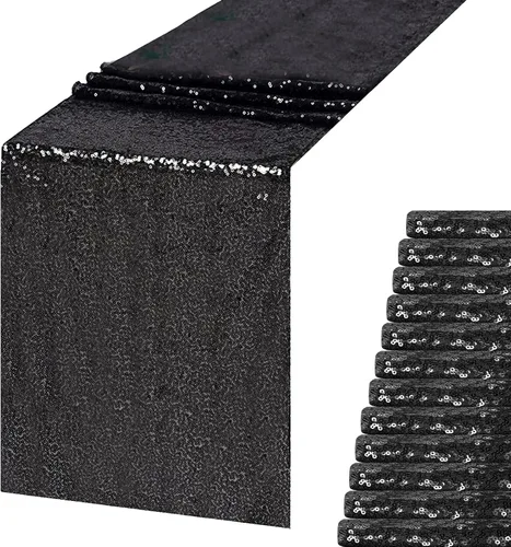Miniatura 22 de Camino de mesa de lentejuelas negras de 12 x 72 pulgadas, paquete de 6 caminos de mesa con purpurina para decoración de fiestas, baby shower