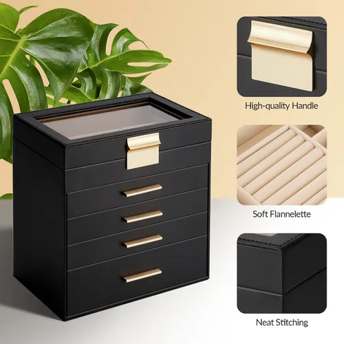 Miniatura 6 de Caja de joyería Somduy, caja de exhibición de joyería de 5 capas con tapa de vidrio para mujeres, 4 cajones, de gran capacidad para collares