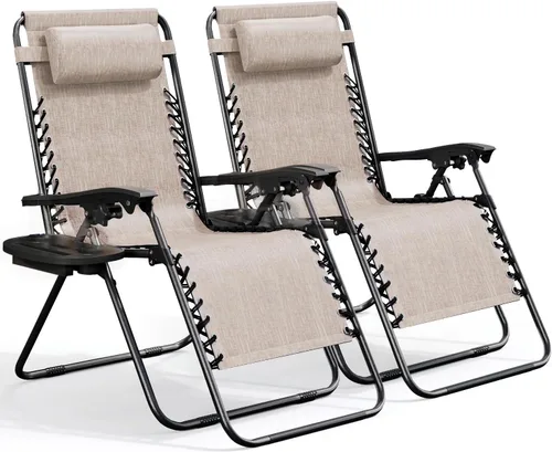 Nestl Zero Gravity - Juego de 2 sillas de patio al aire libre con almohadas y bandejas portavasos, silla de campamento reclinable de malla de acero