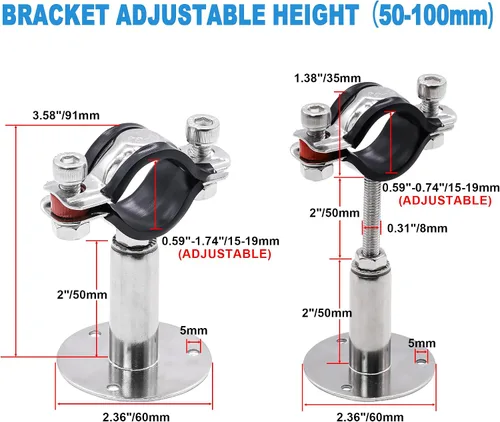 Miniatura 2 de Paquete de 2 soportes de tubo, abrazadera de tubo de montaje en pared y techo de acero inoxidable 304 con anillo colgante y tornillos para tubo