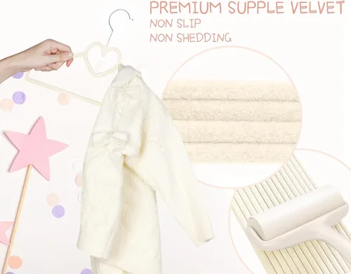 Miniatura 7 de Perchas de terciopelo beige con forma de corazón, paquete de 50 perchas para niños pequeños de 13 pulgadas con 20 clips, ultra delgadas y apilables