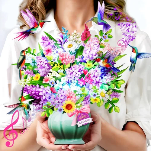 Miniatura 10 de Yinqing Tarjetas de cumpleaños, tarjeta de feliz cumpleaños ligera y música, lirio y mariposas, ramo de flores de tamaño natural de 10 pulgadas