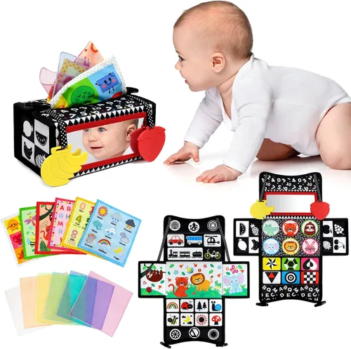 Dr.Rapeti Espejo para el tiempo de barriga, caja de pañuelos, 3 en 1 blanco y negro de alto contraste, juguete Montessori sensorial plegable de