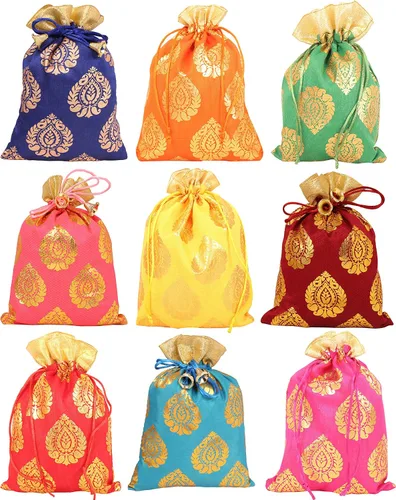 Miniatura 26 de Touchstone Preciosas bolsas de regalo reutilizables, respetuosas con el medio ambiente, brocado de cachemira con cordón grande para cumpleaños