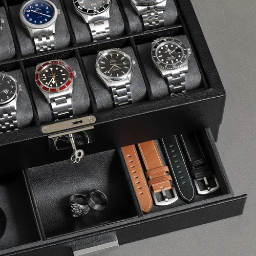 Miniatura 20 de ROTHWELL Caja de reloj de cuero de 10 ranuras con cajón de valet, organizador de exhibición de lujo con forro de microgamuza ultrasuave, soporte