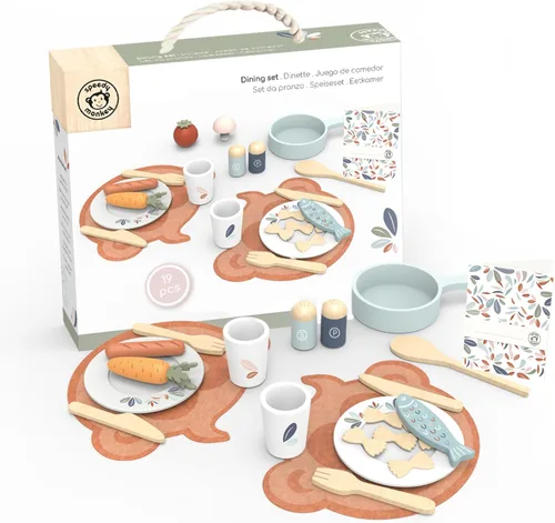 SPEEDY MONKEY Juego de Comedor de Madera para Niños – Juego de Cocina y Accesorios de Cocina de 19 Piezas para Juegos de Simulación – Juguete de