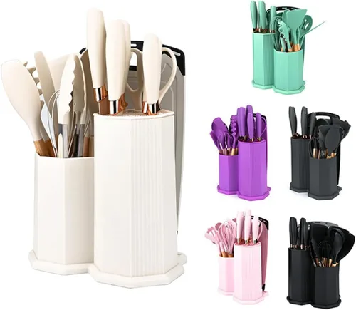 Miniatura 4 de Juego de utensilios de cocina y cuchillos de cocina con bloque de soporte, juego de 19 piezas de corte para cocineros, 11 utensilios de cocina