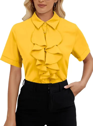 Miniatura 17 de Vrtige Women's Ruffle Front Collar Neck Button Down Short Sleeve Blouse Shirt Top