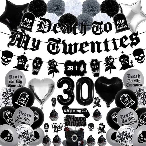 Paquete de decoraciones para el 30 cumpleaños, suministros para la fiesta "Death to My 20s" que incluyen pancarta de cumpleaños, fajín "Rip to My