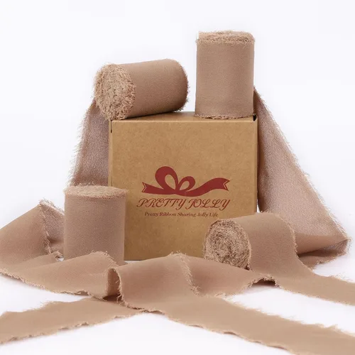 Miniatura 32 de Pretty Jolly Cinta de gasa beige para envolver regalos, 3 rollos de 2 pulgadas x 7 yardas, cinta de tela de seda hecha a mano con flecos para ramo