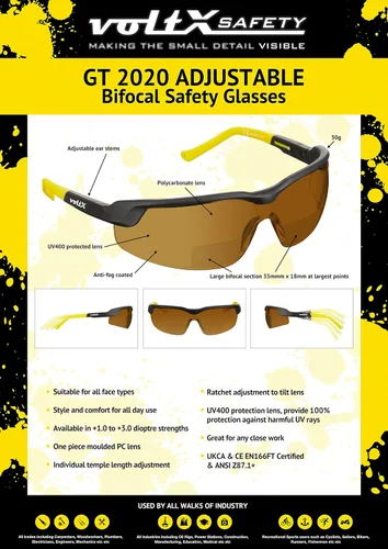 Miniatura 8 de voltX GT - Lentes de seguridad bifocales ajustables para lectura (lente marrón +1.0), ANSI Z87.1+ y CE EN166FT, revestimiento antiniebla, lente