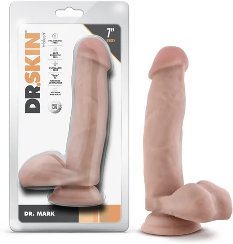 Blush Dr. Skin Dr. Mark - Consolador realista de 7 pulgadas con testículos, 1.5 pulgadas de grosor, pene suave con sensación de piel real, ventosa,