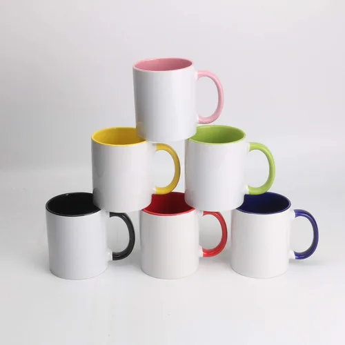 Taza de café de sublimación de cerámica blanca de 11 onzas con colores sólidos en el interior y mango negro, rojo, rosa, azul, verde y amarillo, 6