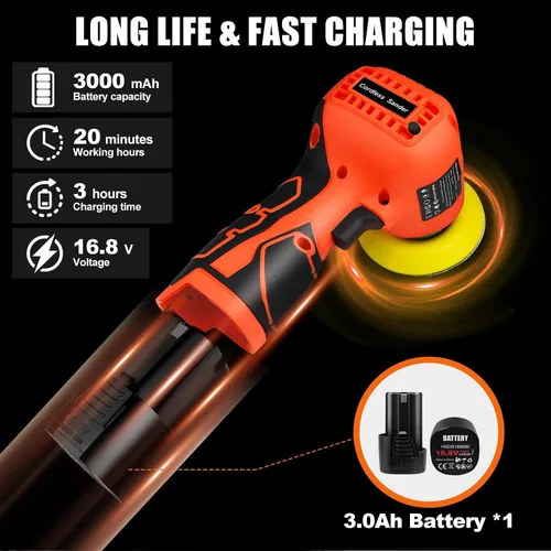 Miniatura 6 de Lijadora inalámbrica, lijadora de palma de 3 pulgadas con batería de iones de litio de 16.8 V y 3.0 Ah, mini pulidora de 3500 rpm, 19 accesorios